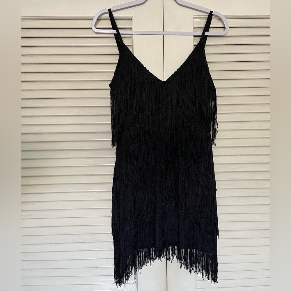 Fringe V-neck Black Sleeveless Dress Women’s S